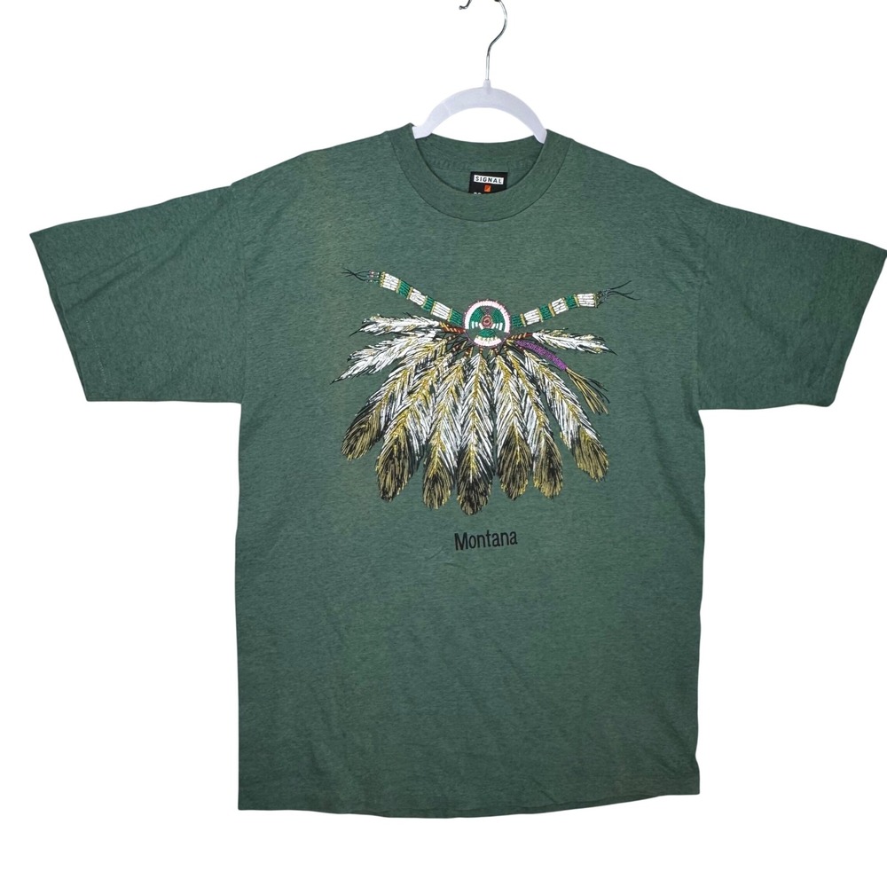 Signal Sports Montana Feather Graphic T‎ Shirt Men's Size Large Green